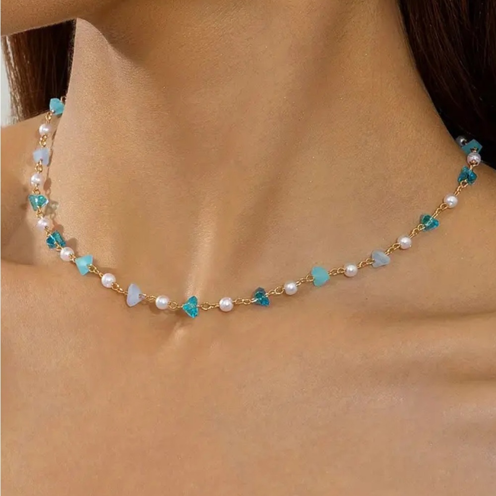 Gold Pearl Necklace with Turquoise Beads - Women Jewelry
